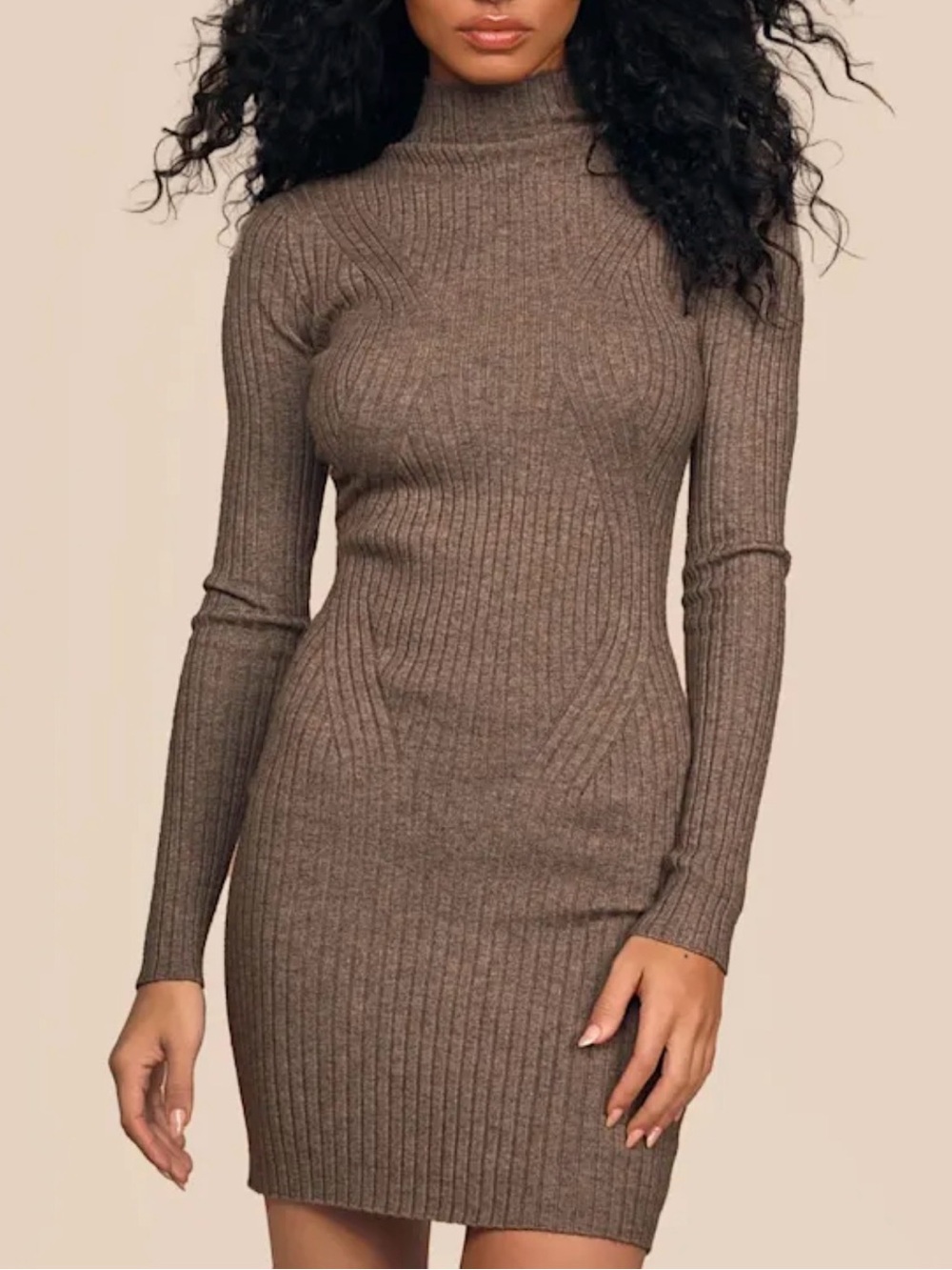 NWT Lulu's Ribbed Mock Neck Sweater Dress Taupe Size L
